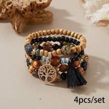 4pcs/Set Boho Style Multi-Layer Wooden Beaded Bracelet With Life Tree Tassel Pendant, Suitable For Daily Wear