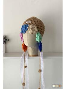 1pc Handmade Crocheted Tassel Tie Hollow Breathable Knitted Beanie Hat For Women, Colorful Floral Pattern, Large Size Fits All, Warm Ear Protection, Casual Versatile Knit Cap For Autumn/Winter