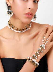 1 pieza Collar de turquesa azul de moda, 1 pieza Anillo de dedo completo con estilo palaciego de moda, 1 pieza de Pendientes con estilo, adecuado para fiesta, accesorios de vestimenta, regalos