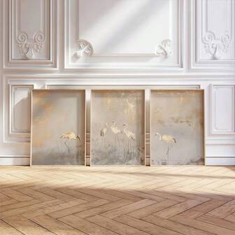 Juego de 1/3 piezas Impresiones artísticas de grullas japonesas, arte de pared abstracto japonés de paisaje neutro en beige y dorado, arte de pared wabi sabi, decoración de habitación asiática wabi sabi, aves y animales de grulla, póster moderno de lujo de paisaje abstracto, sin marcos