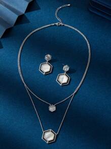 1set Elegant Hexagon Mother-Of-Pearl Necklace & Earrings Jewelry Set, Perfect For Parties And Daily Wear
