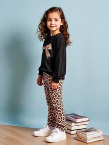 Sudadera de cuello redondo de manga larga con estampado de mariposas + Pantalones acampanados con estampado de leopardo de moda, adecuados para primavera/otoño - Negro - Ver 5
