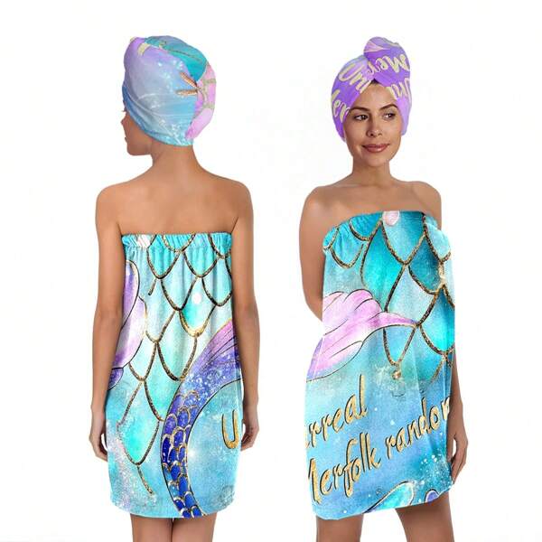 2pcs Blue, Purple, Pink Fish Scale "Unreal Merfolk Random" Bubble Dream Fairy Tale Style Women's Dry Hair Cap And Shower Skirt Set, Adjustable Elastic Band Shower Skirt, Comfortable Multi-Color Back To School