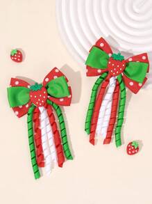 2pcs Girls Sweet Cute Strawberry Hair Bow Clips With Tassel For Daily Wear
