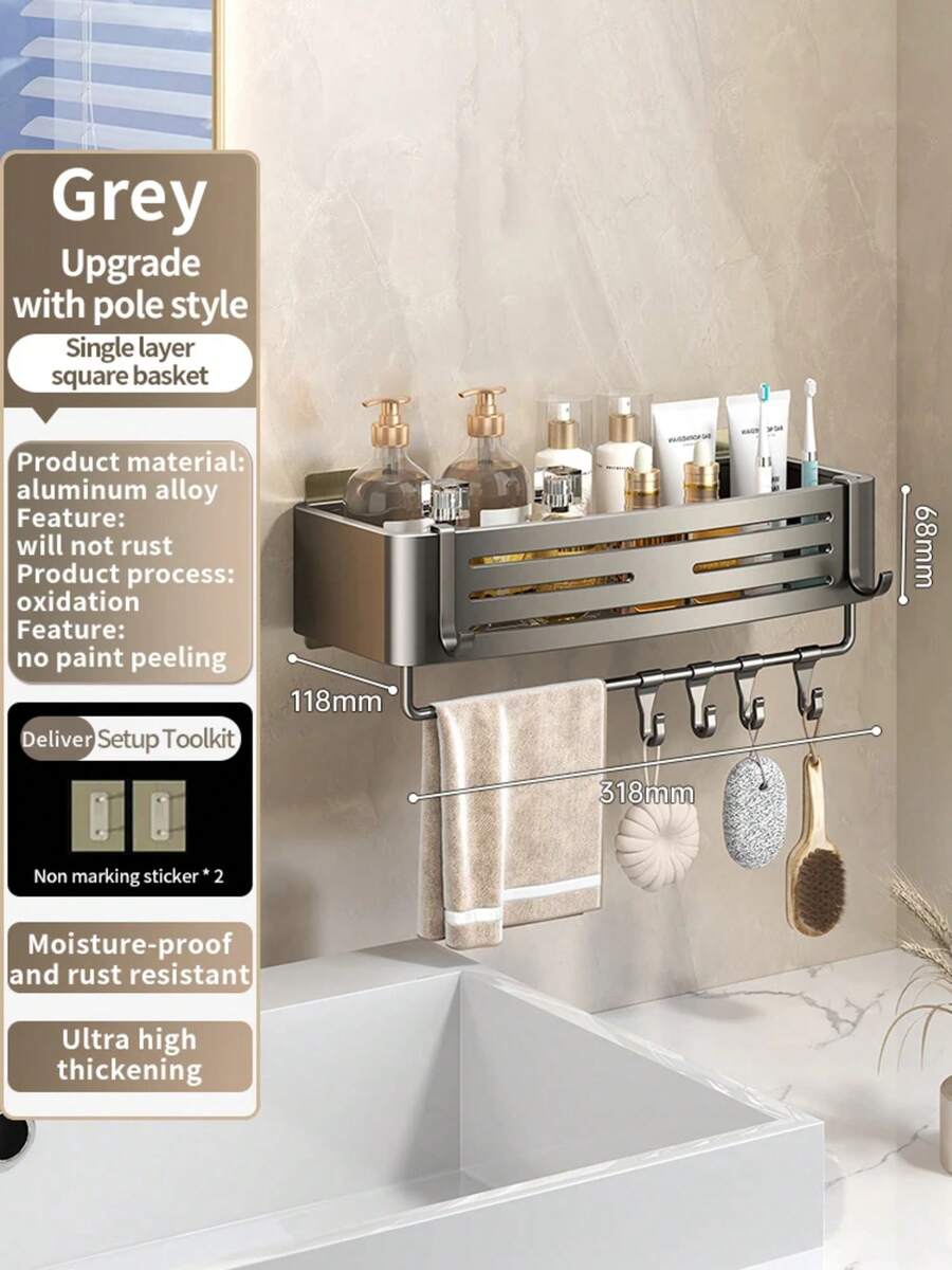 Estantes de baño de aluminio sin taladro para instalación, estante de champú, soporte de almacenamiento, organizador de cocina - 6.8Barra cuadrada gris - Ver 1