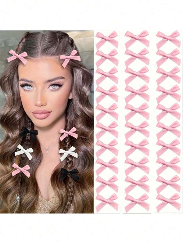 10/18/30PCS Pink Ribbon Bowknot Hair Clips Set, Fashion Hair Accessories Silk Hairpins Elegant Princess Barrettes, Y2k Fairy Girl Hair Decorations For Daily Use Pink Accessories, For Bouquet Arrangement Decoration, For Wedding, Birthday, Graduation Season, Anniversary, Party,Anniversary Dinner Restaurant Table