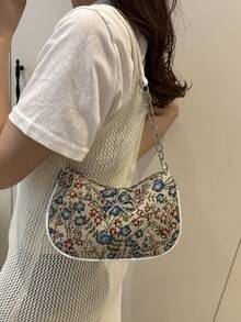 Fashion Floral Patchwork Pattern Shoulder Bag, Versatile Baguette Bag, Metal Chain Mini Bag, Underarm Bag - Blue - View 8