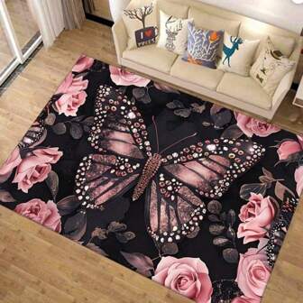 Tapis de sol extra large antidérapant en velours cristal avec motif papillon et rose - Tapis durable et lavable avec motif décoratif de papillons brillants et roses roses, convient pour la décoration du salon ou de la chambre à coucher Retour à l'école