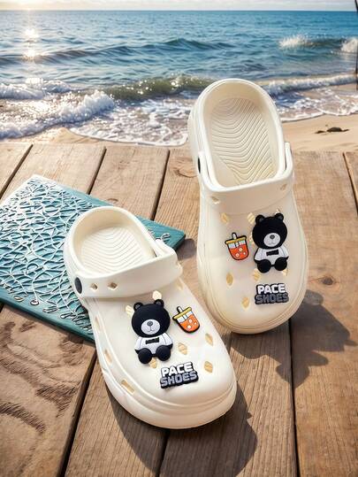 4 Seasons New DIY Beige Eyeless Bear Women Breathable Sandals, EVA Soft Bottom Waterproof Perforated Design, Suitable For Indoor/Outdoor, Beach, Vacation. Comfortable, Anti-Bacterial, Unisex Casual Clogs