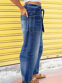 Women's Loose Straight Leg Jeans With Non Elastic Washable Drawstring And Large Pocket Casual Wide Leg Jeans - Rửa tối - Xem 3