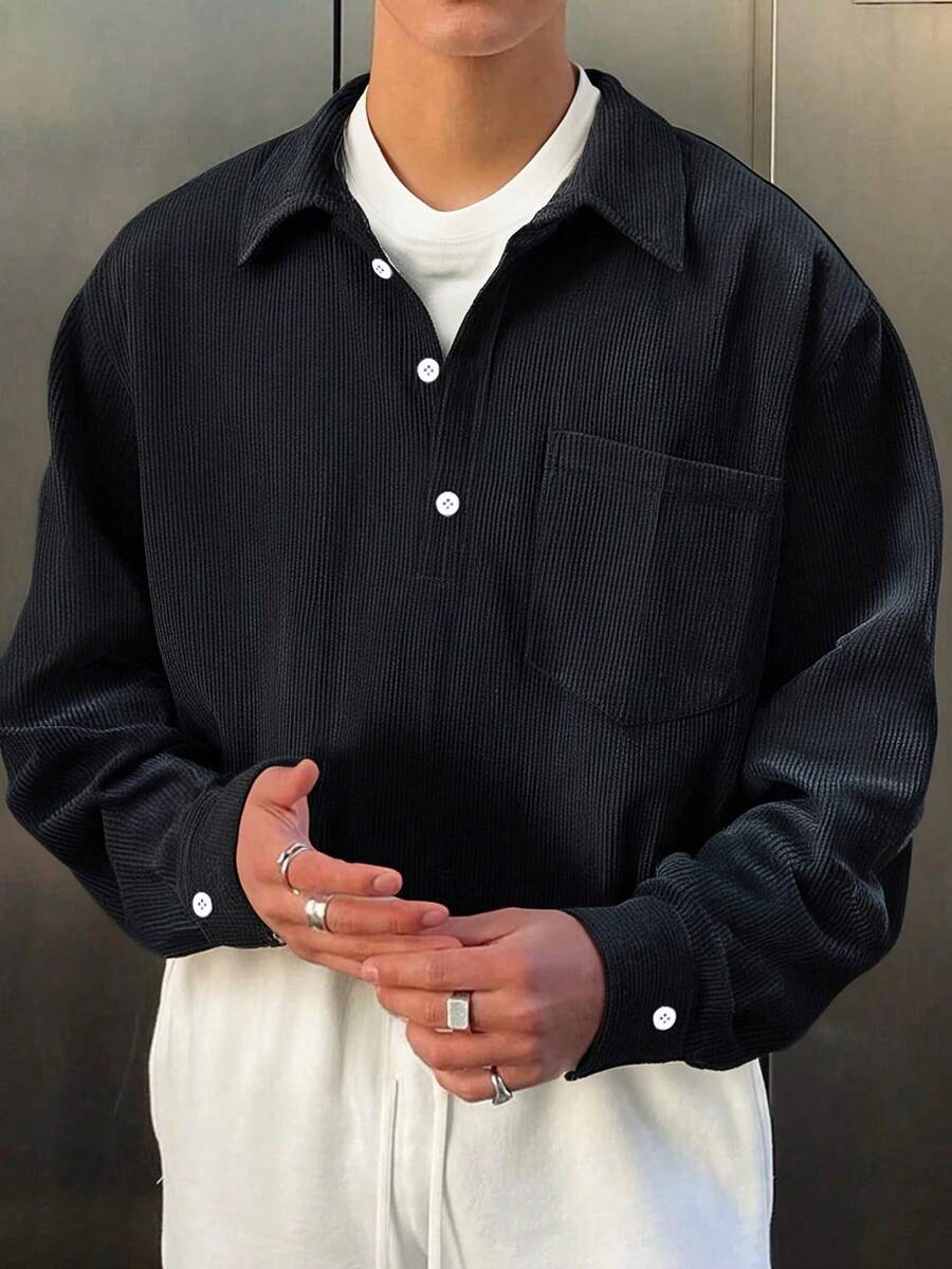 男士灯芯绒领长袖 Polo 衫，休闲宽松纯色套头衫，适合春秋季和冬季穿着。 - 深灰色 - 查看 1