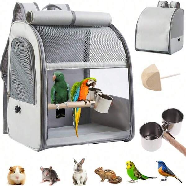 Bolsa de viaje plegable y transpirable de gran capacidad para pájaros, mochila de viaje, jaula para pájaros con piedra para roer, clips de acero inoxidable, soporte y percha, mochila para loros fácil de limpiar, mochila portátil para exteriores para pájaros pequeños.