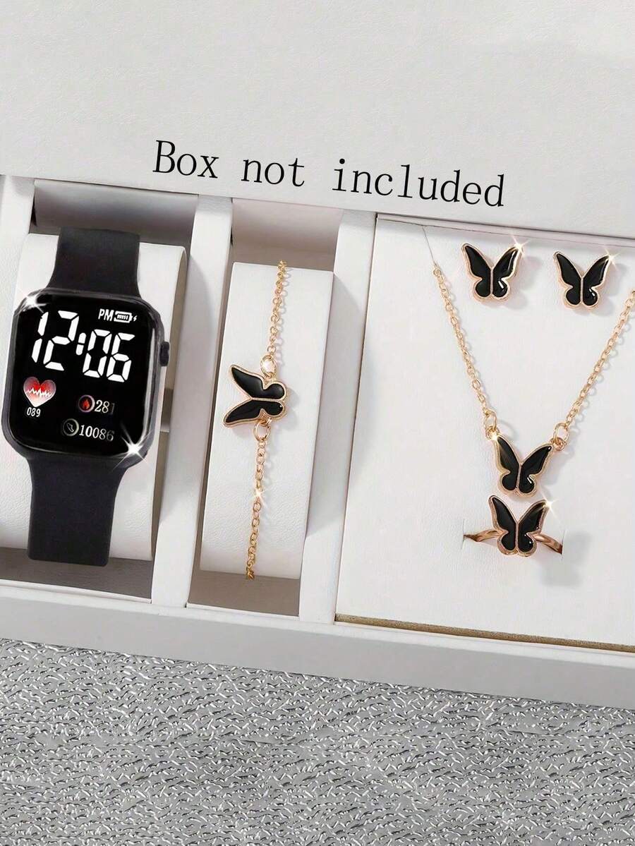 6 件/套，1 件全新 LED 数字显示方形电子表 + 5 件精美时尚蝴蝶手链套装。万圣节、圣诞节、情人节、母亲节等节日礼物的最佳选择