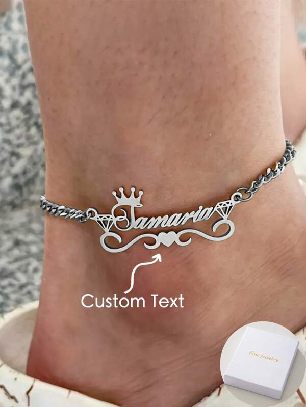 Custom English Name Cuban Chain Anklet With Crown Love Style Design, Women's Birthday Gift, Simple And Generous Personalized Name Anklet Crown, Suitable For Vacation Wear