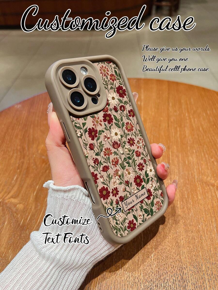 1 件 DIY 签名定制手机壳，咖啡色肌肤触感，彩色花卉图案设计，高清 UV 打印，兼容多种手机型号