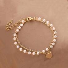 1pc Versatile Pearl Decor Double Layer Chain Pendant Bracelet For Women, Commuting, Daily, Dating