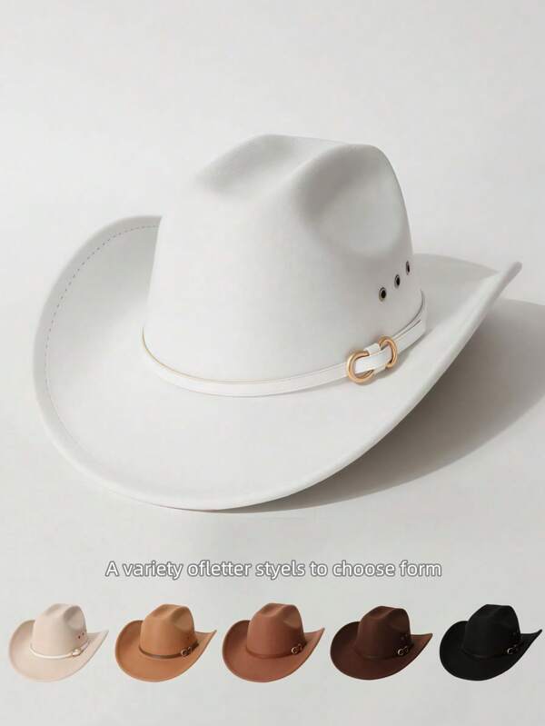 1 Pieza Sombrero de ala ancha de fieltro de unicolor para mujer con decoración de anillo blanco y dorado, diseño de agujero lateral único, adecuado para exteriores, vaquero, actuación, estilo versátil unisex