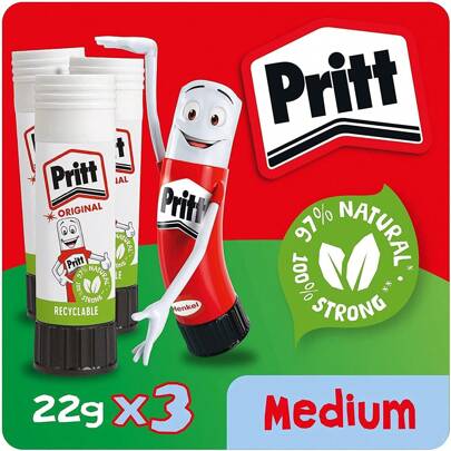 Pritt Glue Stick, Safe & Child-Friendly Craft Glue For Arts & Crafts Activities, Strong-Hold Adhesive For School & Office Supplies, 22 G (Pack Of 3)