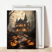1 Stück gerahmte Leinwand Wandkunst, bereit zum Aufhängen, wasserdicht, Wandkunst, Poster, gerahmtes Wandgemälde, Herbst, Halloween, Horror Spukhaus Leinwandgemälde, Kürbis Party Wandkunst, gotische Halloween Dekoration, Heimdekoration, Herbstdekoration, Raumdekoration - Verschiedenfarbig - Übersicht 8