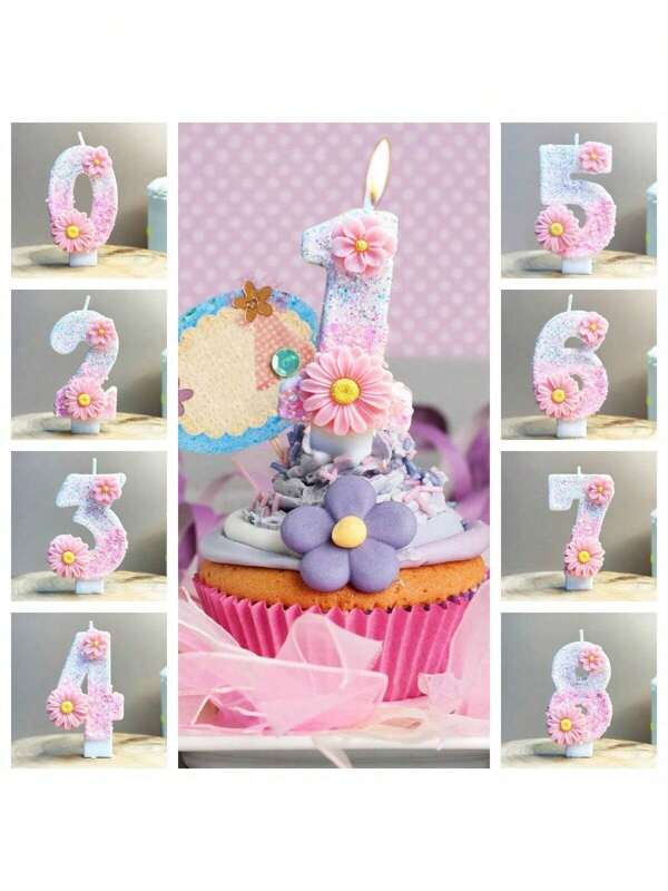 1PC Numbers 0-9 Pink Flower Digital Candles, Pink Daisy And Pink Flower Decorative Candles, Pink Gradient Candles With Sequins, Suitable For Birthday Cake Decoration, Suitable For Anniversary Parties,Suitable For Cute Pet Theme Cake Decoration Candles, Cake Decoration Pure Handmade DIY