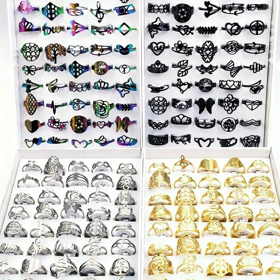 20pcs/Pack Minimalist Cutout Stainless Steel Rings Set For Women, Mixed Styles Hollow Personalized Couple Rings For Party/Daily Wear, Fashion Jewelry Best Gift, Random Shipping - Multicolor - View 1