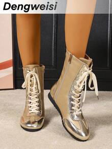 金色侧拉链系带圆头平底舒适休闲百搭中筒靴