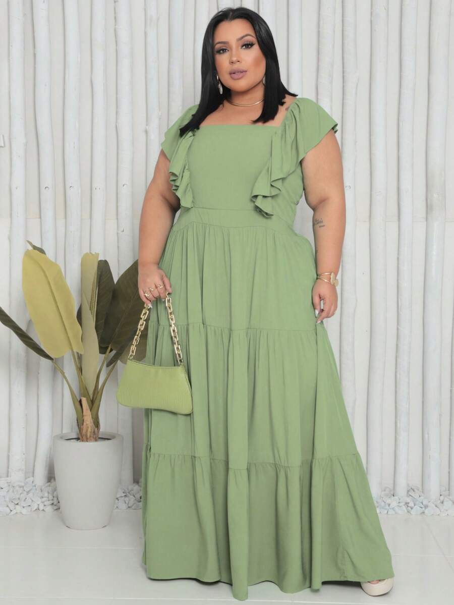 Plus Size Long Dress With Ruffle On The Shoulder - Mint Green - View 1