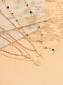 4 Stücke/Set elegante, mit Diamanten besetzte Halskette im Kreuz-Design für das Schlüsselbein, bunter Diamant Y-förmiger Lange Halskette, vielseitiges Design geeignet für den täglichen Gebrauch, Reisen, Partys, Festivals, zufällig angeordnete bunte Diamanten