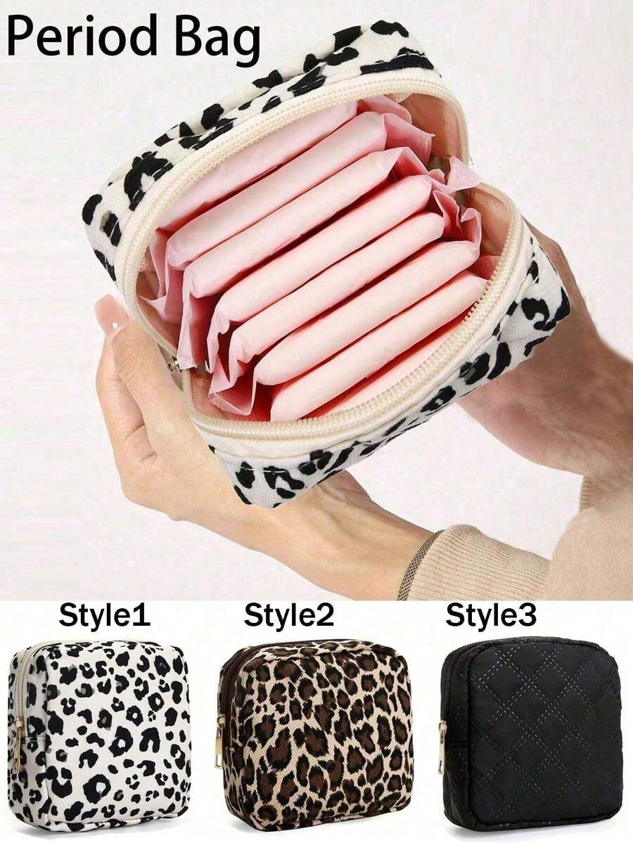 Leopard Print Zipper Sanitary Pad Organizer Bag, Large Capacity Portable Pouch To Hold Sanitary Pads, Tampons, Creative Cute Cartoon Coin Purse Also Suitable For Lipstick, Makeup Brushes, Skincare, Phone, Coins, Small Items, Multipurpose For Home, Gift, Travel, Holiday (Halloween, Christmas), Bohemian Style - Multicolor - View 1