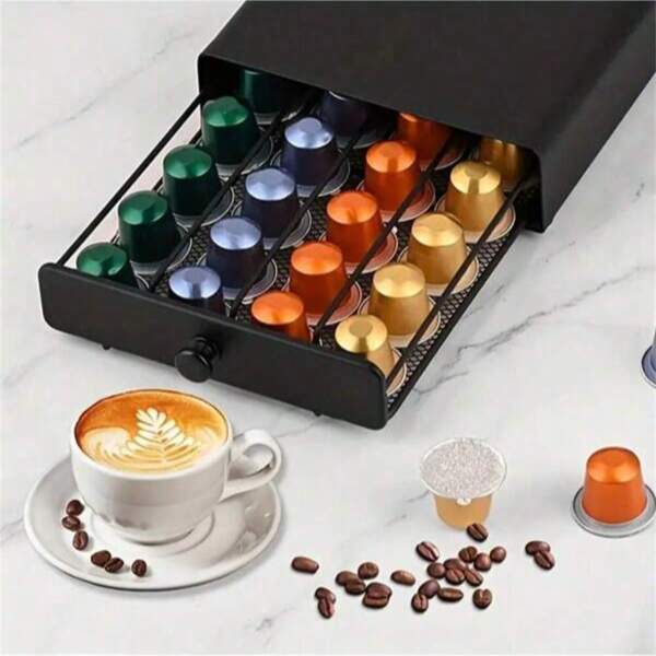 Rangement pour capsules de café à 40 compartiments - Présentoir à capsules de café en fer avec tiroir coulissant - Un rangement durable pour les capsules, adapté à une utilisation domestique et au bureau, design gain de place