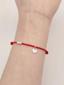 1pc 925 Sterling Silver Minimalist Heart Pendant With Silver Beads & Red Cord Bracelet, Simple & Lucky Accessory Gift For Women - Silver - View 8