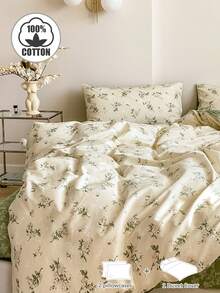 3 件套 Ditsy 花卉床上用品套装，绿色和米色配色的茶道图案，舒适的印花羽绒被套和枕套套装，适合单人床/双人床/大号床/特大号床