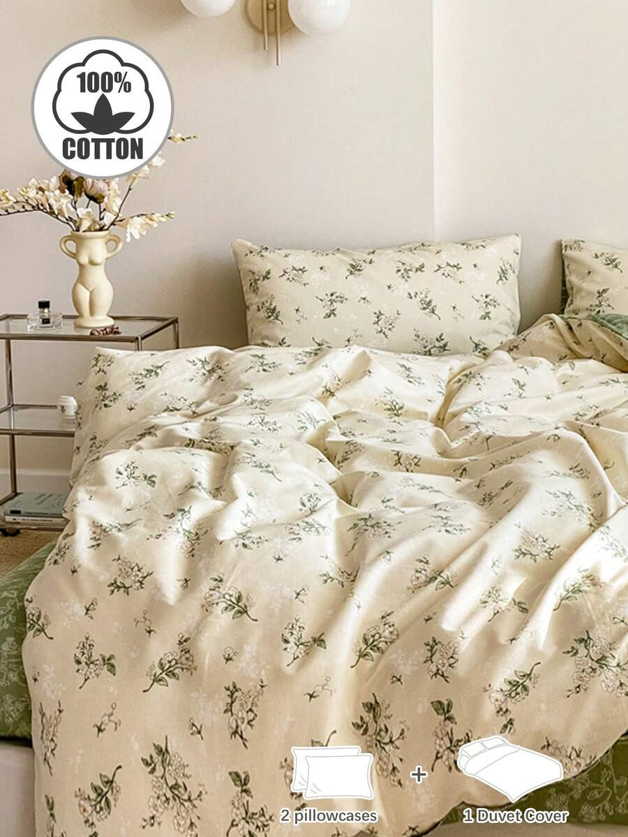3 件套 Ditsy 花卉床上用品套装，绿色和米色配色的茶道图案，舒适的印花羽绒被套和枕套套装，适合单人床/双人床/大号床/特大号床