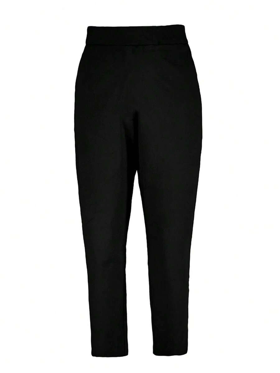 Calça elegante para uso diário/trajeto, cor sólida, com bolso e zíper, para todas as estações - Preto - Ver 1