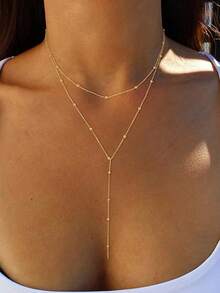 Stainless Steel Double Layer Necklace, Long Pendant Necklace, Y-Shape Chain With Round Bead Pendant, Women's Daily Wear - 金子 - 查看 2