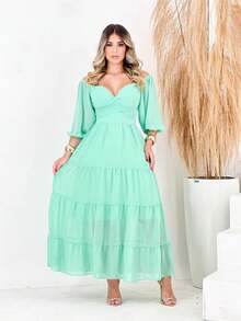 Elegant Women's Midi Dress With V-Neckline, Criss-Cross Tie, 3/4 Sleeves - 水綠 - 查看 3