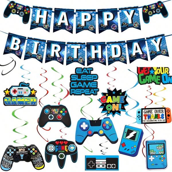 12 Stücke lebendige Gaming Party Dekoration 12er Pack | Retro Arcade & Modernes Videospiel Thema Ausschnitte | PVC/Papier Hängedekoration für Decke & Wand | Geburtstag Abschluss Dekorationen