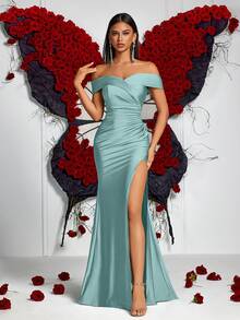 ADYCE 露肩开衩高开衩侧边褶皱鱼尾裙摆鸡尾酒会礼服，优雅适合晚宴、婚礼宾客、毕业典礼、正式晚宴等场合（女士） - 綠色 - 查看 3