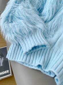 Suéter de manga larga con cuello alto, acento esponjoso, de moda, para primavera y otoño - Azul - Ver 7