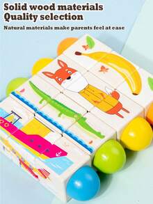 儿童木制动物旋转拼图积木婴幼儿0-3岁手抓玩具早教动物认知水果蔬菜认知交通认知益智玩具 - 彩色 - 查看 7