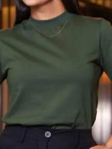 WOMEN'S T-SHIRT, HIGH NECK, SHORT SLEEVE - Verde militar - Ver 2