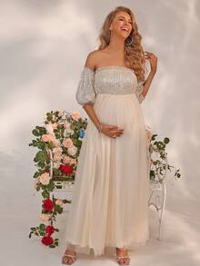 Joyfunear 孕妇派对亮片网眼露肩高开衩连衣裙 - 香檳色 - 查看 6