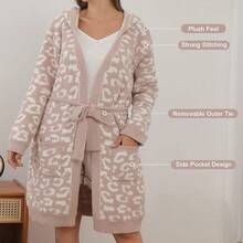 Bearberry Hooded Robe Cozy Leopard Robe Lightweight Soft Plush Bathrobe With Pockets For Women - Stone/Cream - View 4