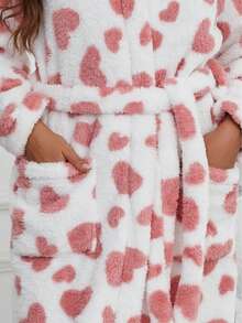 1pc Women's Heart Print Fluffy Bathrobe With Pockets & Waistband Design, Sweet & Elegant, Thickened Thermal Lining, Suitable For Autumn/Winter, Can Be Worn Outdoors As Casual Loungewear, Fall, Cozy - Multicolor - View 9