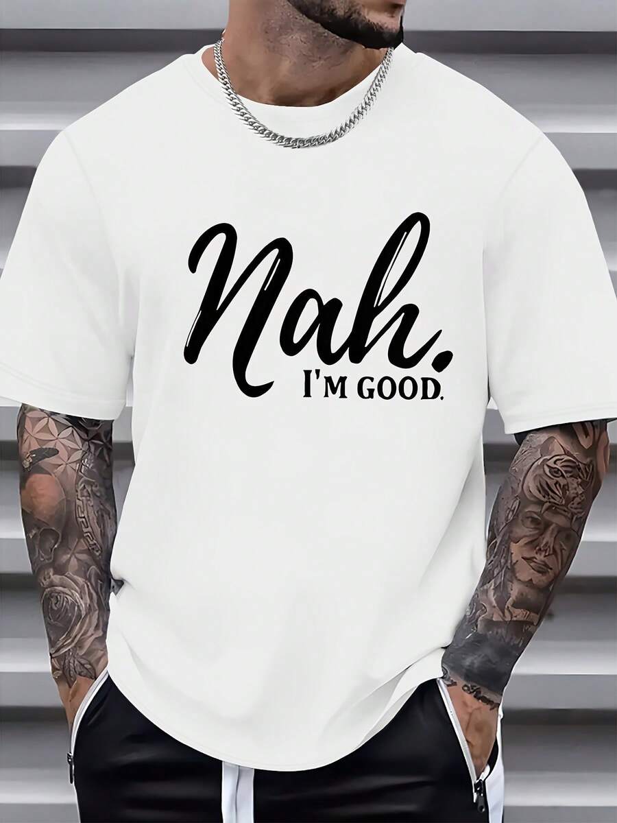 1pc Camiseta Casual de Algodón para Hombre con Impresión 'Nah I'm Good' - Cuello Redondo, Manga Corta, Comodidad para Todas las Estaciones, Ajuste Regular, Tejido de Punto, 220gsm - Camiseta de Fin de Semana Expresiva y Versátil para Atuendo Casual - Blanco - Ver 1