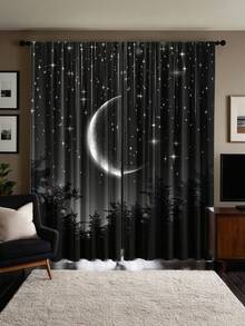 两件套涤纶纤维印花窗帘，图案为星空、夜林和月亮 - 过滤/半透明/防窥，带杆套设计，可机洗，非常适合卧室、办公室、厨房、客厅、书房装饰（不含窗帘杆），卧室装饰，客厅窗帘 - 彩色 - 查看 4