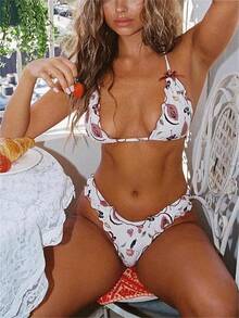 Alyweatry Women Y2K Bikinis Sets Coquette Aesthetic Bows Halter Tie Up Bikini Top High Cut Elastic Waist Bikini Bottom - 荷葉邊水果印花 - 查看 4