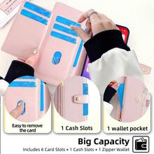 Compatible With Rakuten, Kyocera New Crossbody Fashion Model PU Material, Multifunctional Large Capacity, 6 Card Slots + 1 Money Clip + 1 Wallet, Hardware Strong Magnetic Buckle, Same Color Wrist Strap Rope + Shoulder Strap Rope Flip Mobile Phone Case Included - Pink - View 3