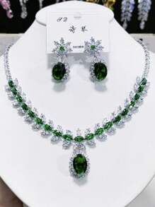 1 Set de joyería de circonita, collar y aretes con colgante de oreja de trigo y óvalo grande de circonita