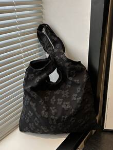 Floral Print Cute Tote Bag, Fashionable Solid Color Floral Design Canvas Tote Bag, Large Capacity Floral Pattern Shopping Bag, Suitable For Women, Young Professionals, Office Ladies, Teacher Gifts, Girls, Teenagers, Ladies, Women Large Capacity Business/Commute/Work/Office , Bow - Black - View 7